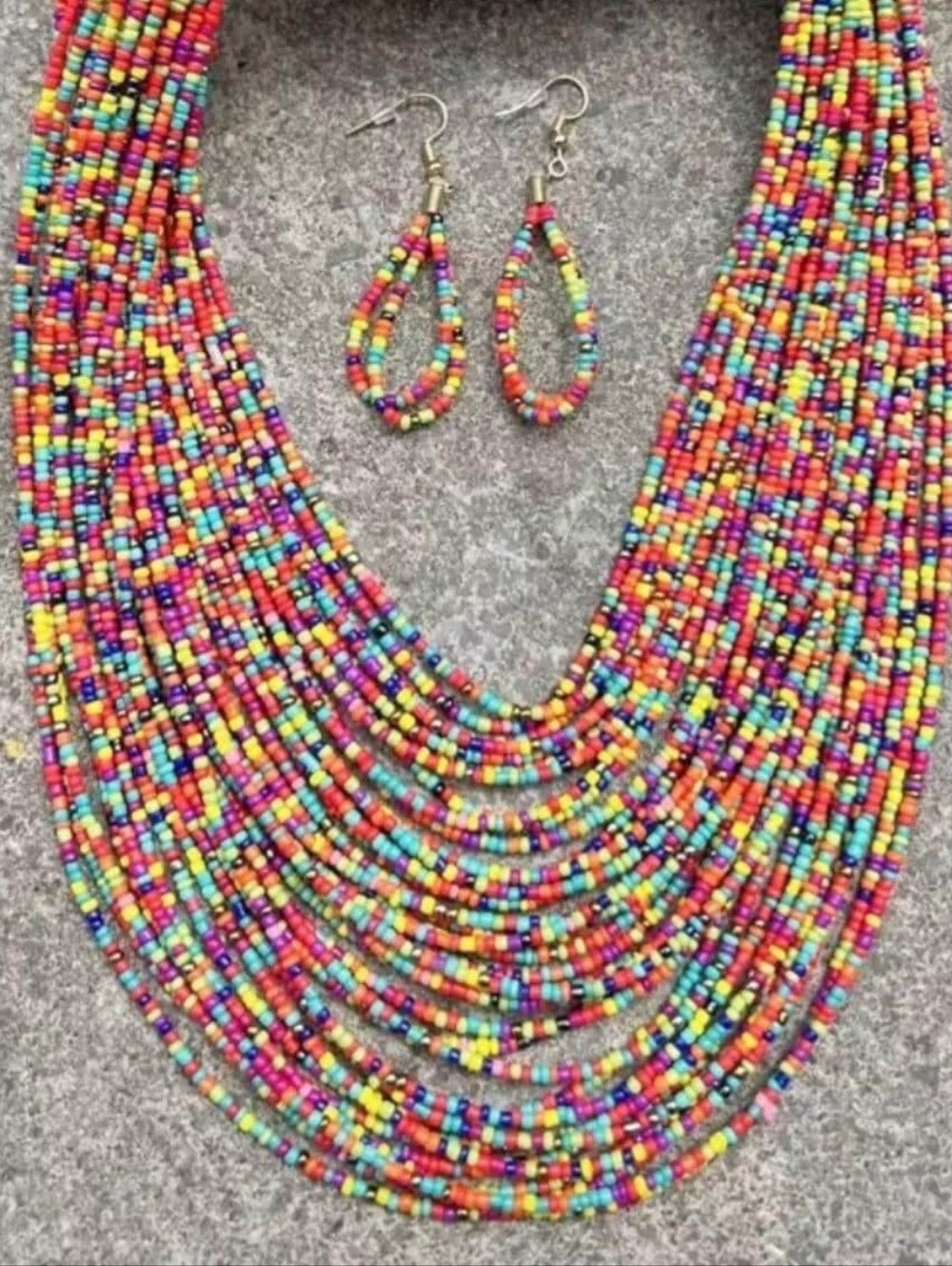 New 18" Multistrand Multicolor Seed Bead Necklace with Matching Earrings